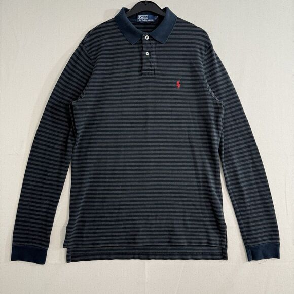 Polo Ralph Lauren Black Grey Stripe Long Sleeve Polo Shirt Men Large Custom Fit - Picture 1 of 7